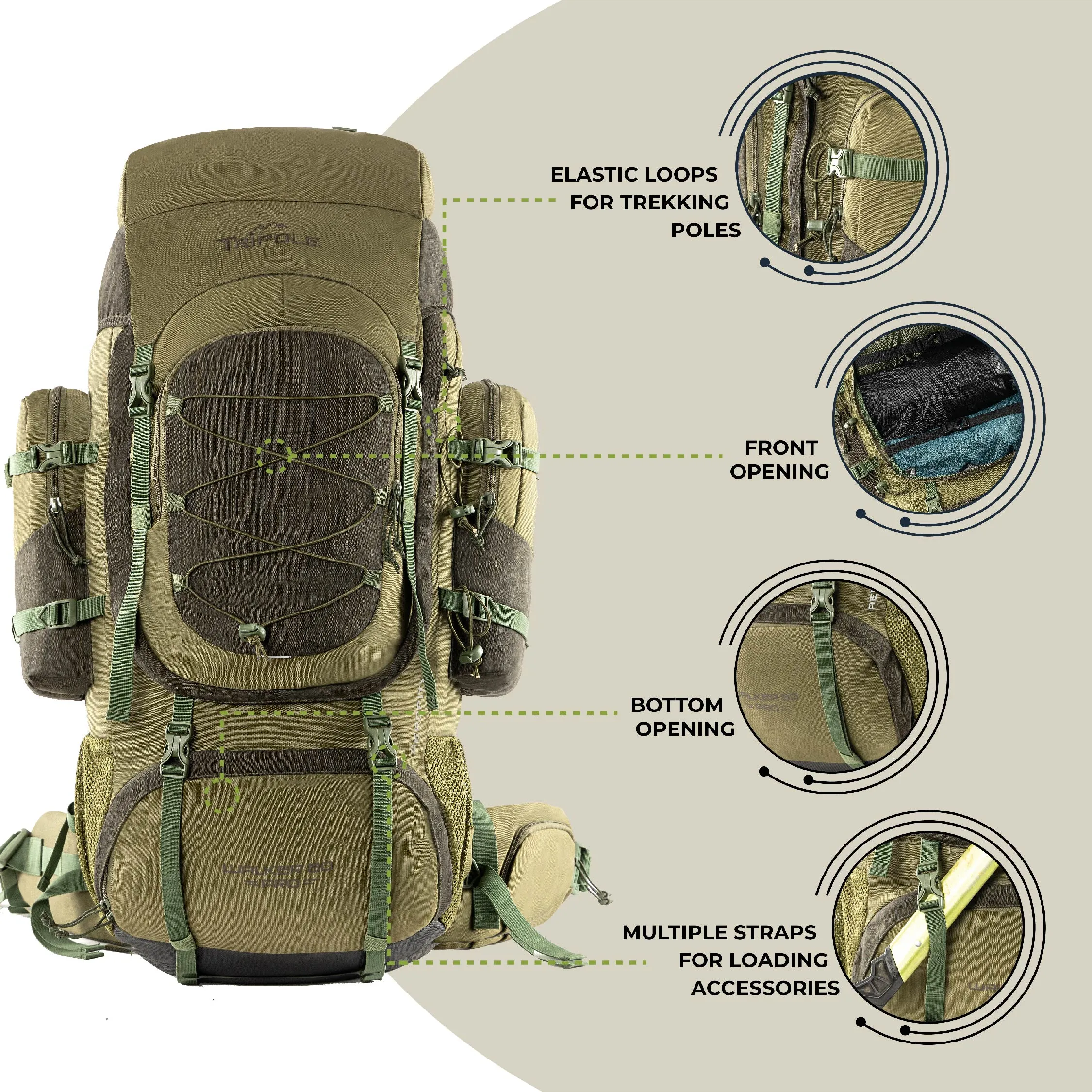 Tripole Walker Pro Metal Frame Rucksack with Rain Cover for Trekking & Travel | Front Opening | Laptop Sleeve | Men & Women | 5 Year Warranty | 80 Litre | Olive Green